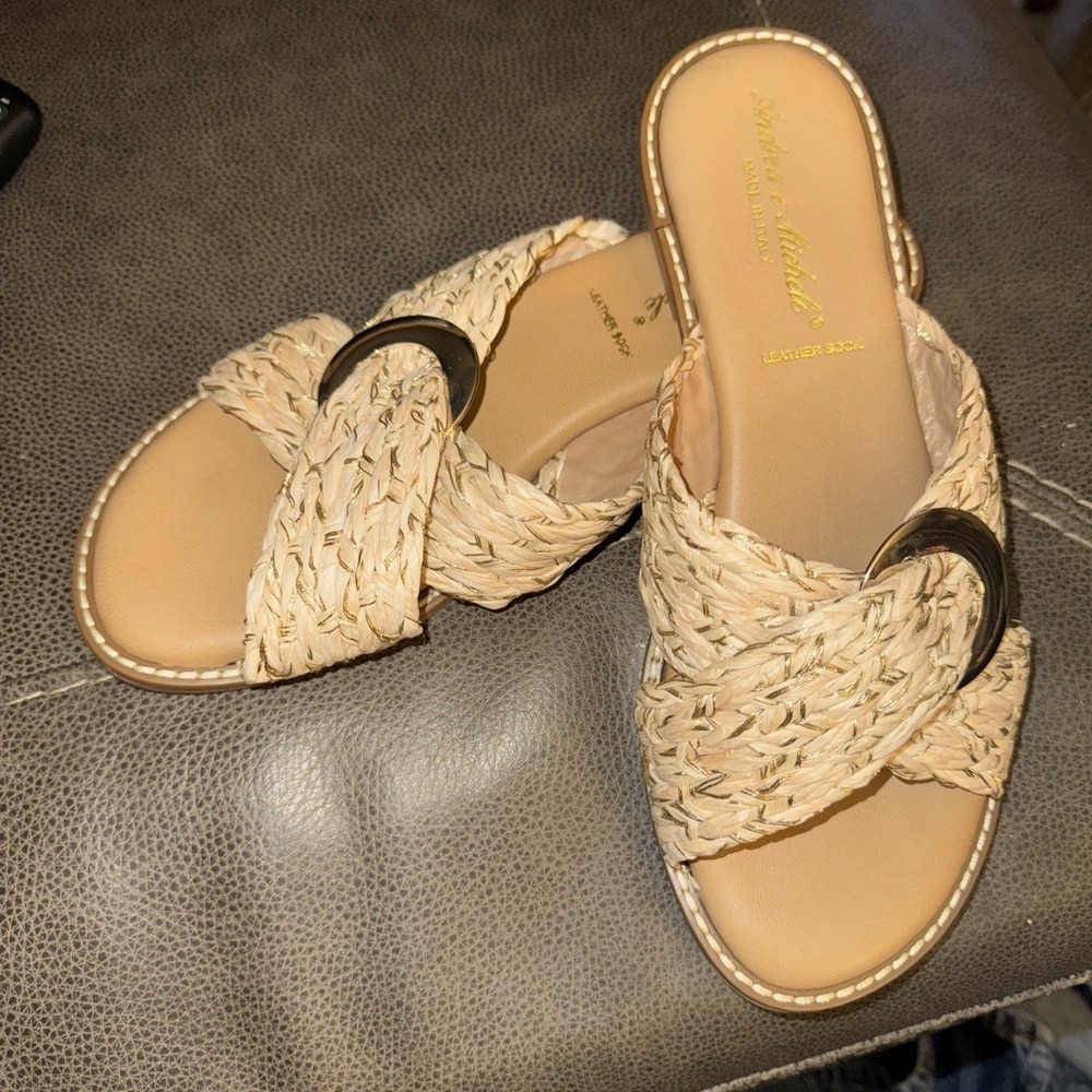 Andrea e Michele Sandals Made In Italy Size 8-8.5 Leather W Straw